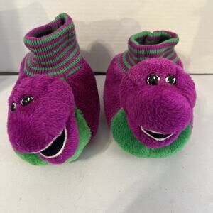 Vintage Barney Dinosaur Plush Slippers Purple Green Kids XL 11–12 1993